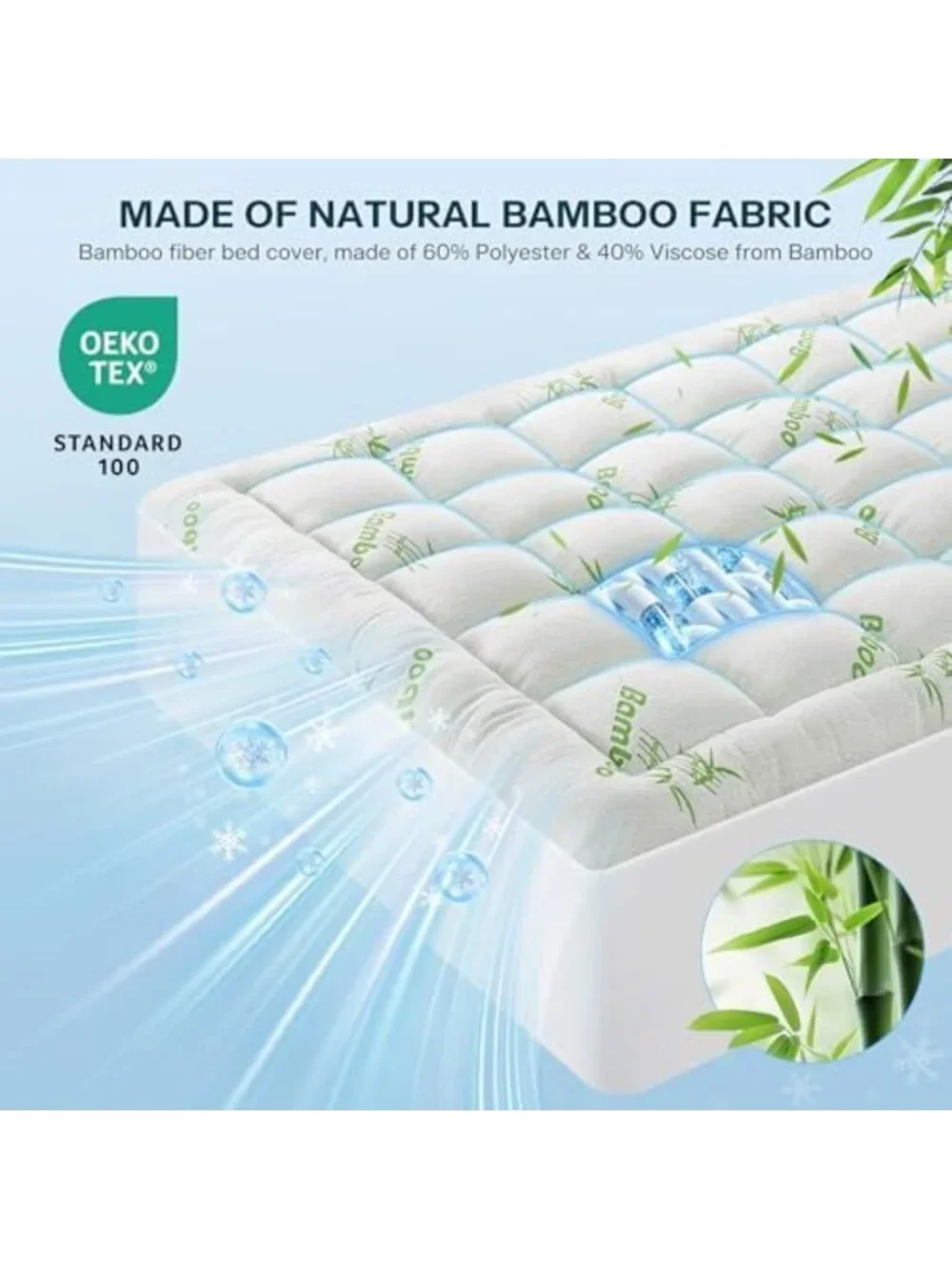 Extra Thick Waterproof Queen Mattress Topper - Cooling Bamboo Pad for Back Pain